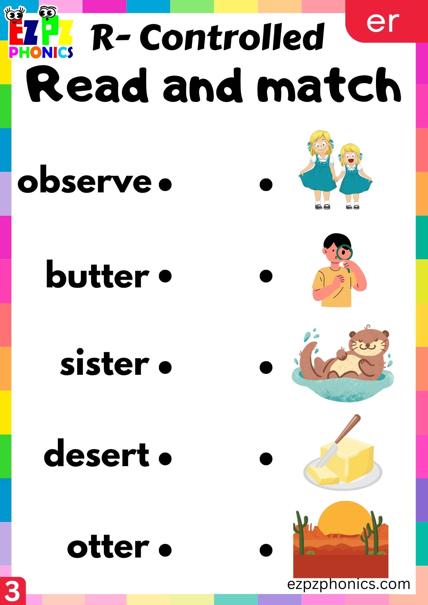 Read and match activity for two syllable er words R controlled vowels phonics group 3